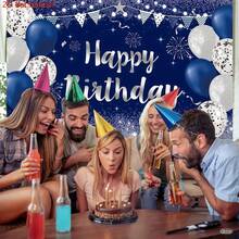 2D 闪亮生日祝福横幅 - 银色和海军蓝派对背景，适合男士和女士庆祝