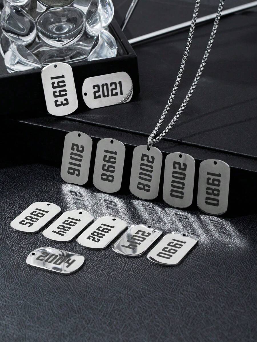 1pc Hip Hop Dog Tag Rectangular Nameplate Necklace With Birth Year Number, Stainless Steel Age/Year Necklace For Men & Boys, Personalized Birthday Gift