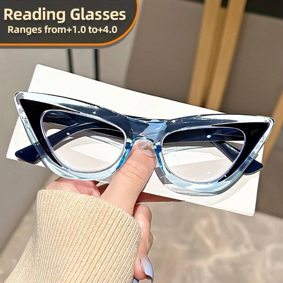Multi-Degree Progressive Reading Glasses - +1.0 To +4.0 Non-Prescription Magnifying Glasses, Suitable For Elderly And Adults, Computer And Distance Vision, Triangle Cat Eye Frame With Blue Lenses And Transparent Nose Bridge, Ergonomic Design, Multiple Colors Available (Brown/Black/Blue/Gray/White) - Suitable For Reading Books, Smartphones, TV - Long-Lasting Comfort And Clear Vision - Available In Degrees From +1.0 To +4.0 - 茶 - 查看 1