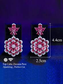 1 Pair Geometric Hot Pink Cubic Zirconia Flower Shaped Long Dangle Drop Earrings, Luxury Jewelry Gifts For Women, Wedding Party Pageant