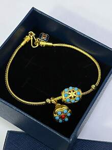 1pc Vintage Gold Plated Turquoise Lotus Adjustable Bracelet, Elegant Retro Palace Style Jewelry Suitable For Women's Daily Wear (Shipped Without Box)