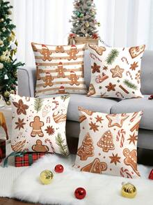 4pcs/1pc Christmas Gingerbread Pillow Cover - Cute Gingerbread Man, Cookies And Spices Pattern Design, 18x18 Inches | Zipper Closure | Bright Colors And Polyester Material | For Living Room, Room Decoration, Sofa And Bedroom (Filling Not Included) Great For Christmas Home Decoration, Christmas Decorations, Christmas Party