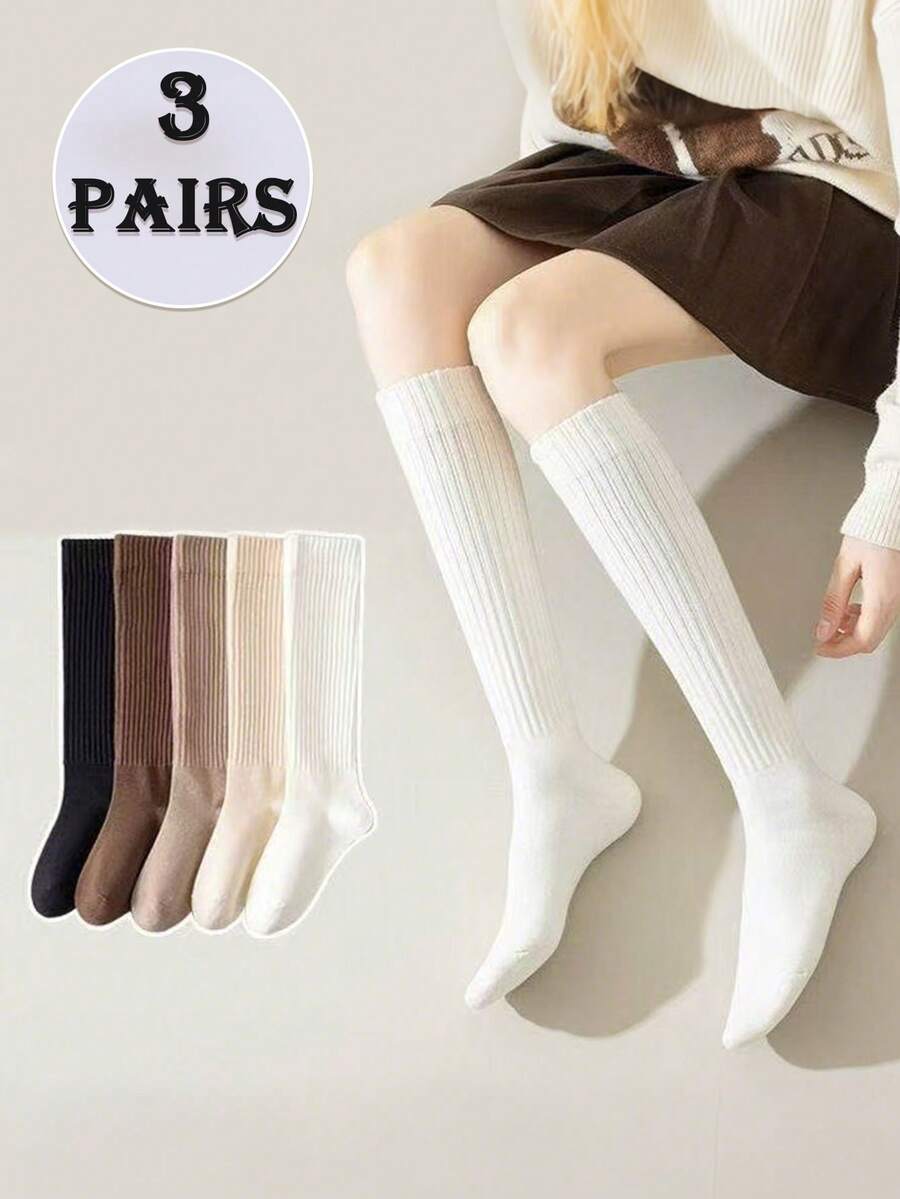 3 Pairs Autumn/Winter Thick Warm Vertical Striped Calf Socks, School Style Long Socks For Women (Random Assortment)