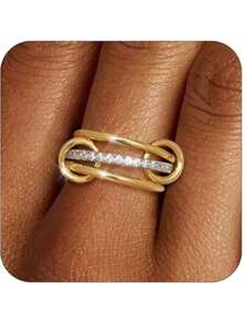 1 pieza Anillo sencillo de acero inoxidable con círculos entrelazados decorados con circonita, chapado en oro de 18K, adecuado para uso diario de mujeres y hombres, y como regalo