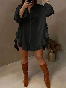 Elegant Women's Casual Long Sleeve Shirt, Ruffled Hem, Loose Fit, Woven Fabric, Suitable For All Seasons, Daily Wear - 黑色 - 查看 10