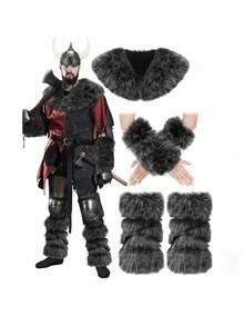 5pcs/Set Brown Viking Retro Plush Knight Warrior Costume, Suitable For Halloween, Carnival Party, Cosplay - Black - View 9
