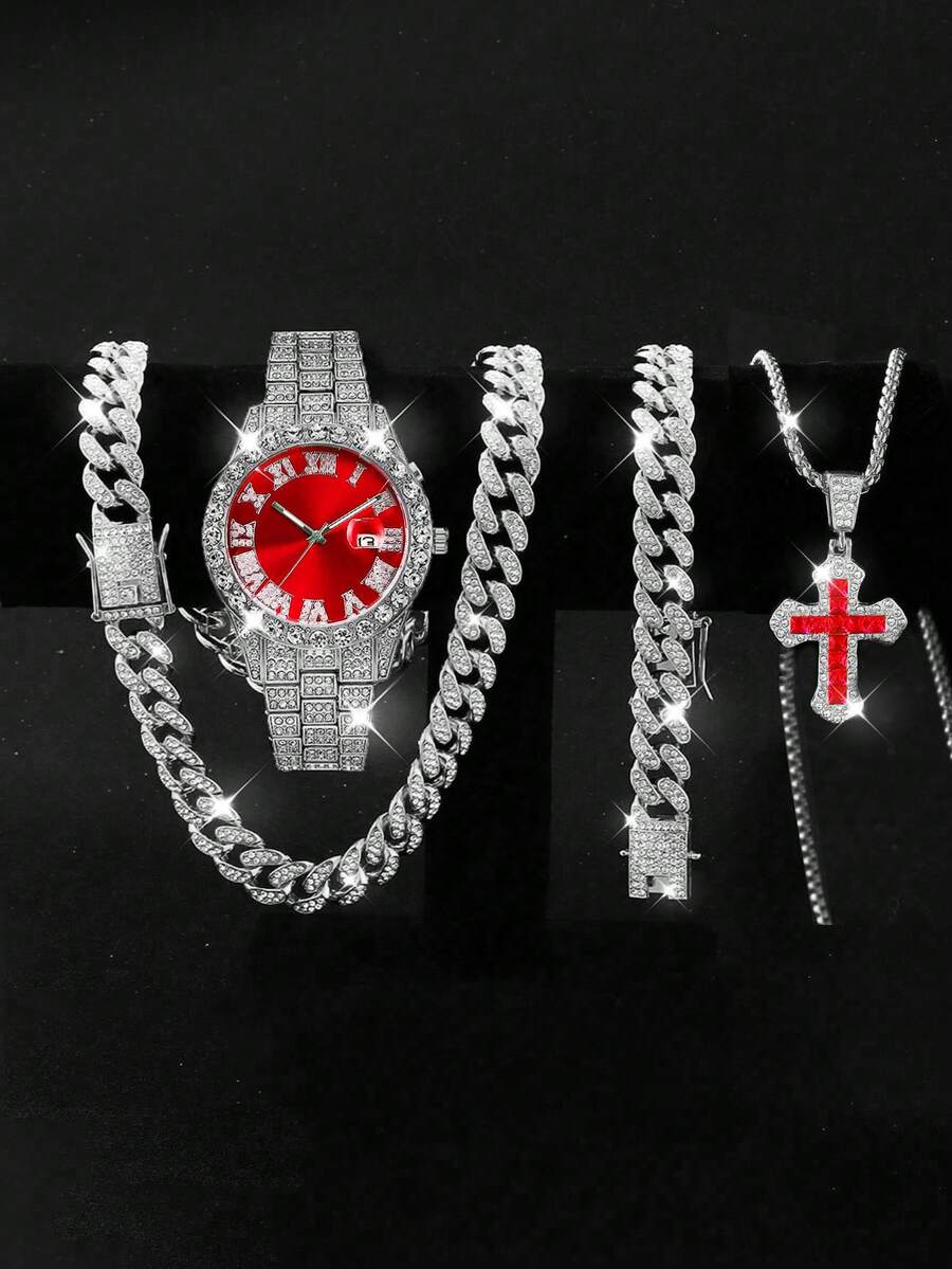 Hip Hop Chain Set, Unisex Fashion Watch, Necklace And Bracelet Set, Holiday Gift For Father