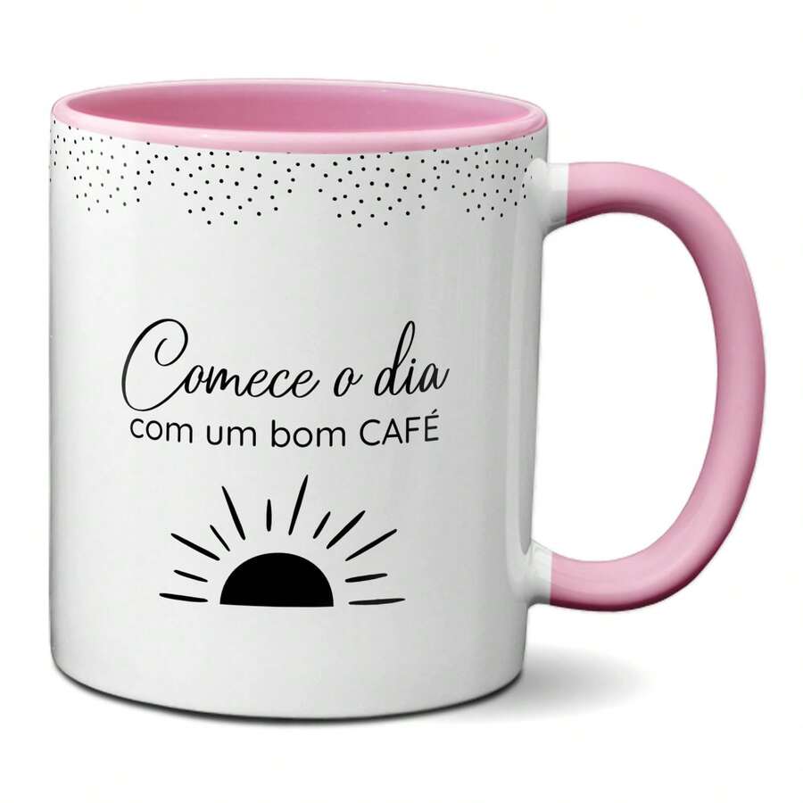 Caneca de Café Minimalista Comece o Dia Frase Divertida - Rosa Bebê - Visão 1