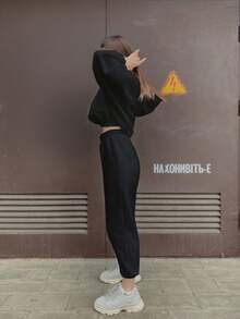 两件套保暖舒适女士宽松长袖连帽衫（带口袋）和运动裤，适合秋冬春季日常/办公/居家穿着，黑色 - 黑色 - 查看 9