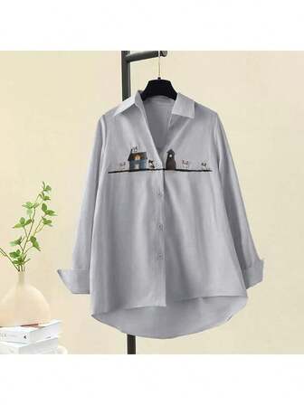 女士家居印花长袖宽松休闲衬衫