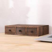 1pc Wooden Desktop Storage Box, Monitor Riser, Jewelry Organizer Box With Drawers, Office Supplies Organizer, Stackable Wooden Shelf - Brown - View 4