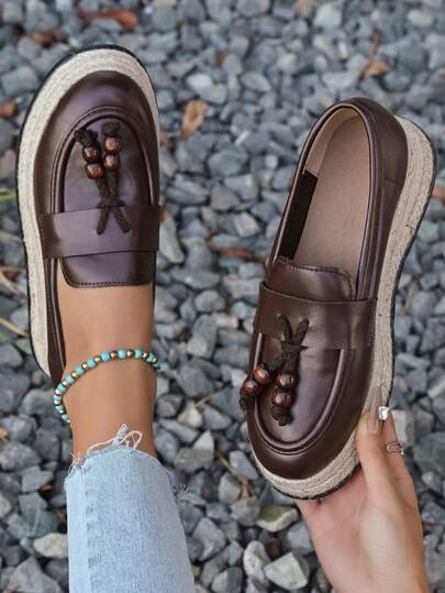 1 双纯色学院风 PU 皮革流苏女式一脚蹬厚手工编织鞋底棕色皮革复古乐福鞋，适合办公室和户外穿着，春秋季