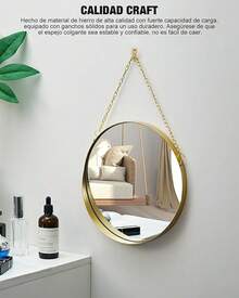 Redondo de Pared sin Agujero Vintage Dorado Redondo de Pared, Espejo de Cadena Colgante Multiusos para baño, Dormitorio, salón, etc, Decorativo clásico (Grande) - 40L x 25,5A cm - Ver 6