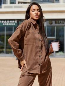 Oversized Corduroy Sports Suit With A Shirt ,Two Pieces Corduroy Lapel Collar Set - Button-Front, No-Elasticity, Solid Brown Outwear & Jogger Pants,All-Season Versatile Blouse , Polo Collar Style, Perfect For Casual Attire, Ladies Blouses, Casual Wear For Women