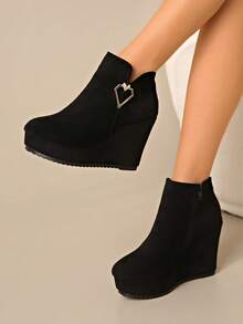 Women's Plus Size 35-43 Round Toe Platform Thick Bottom High Heel Boots, Fashion Side Zipper Ankle Boots. Plus Size Suede Ankle Boots For Autumn/Winter - Black - View 5