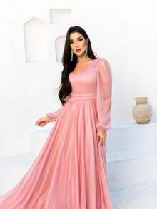 Long Dress Puff Sleeve Graduation Party Wedding Bridesmaid Guest - 乾枯玫瑰色 - 查看 1