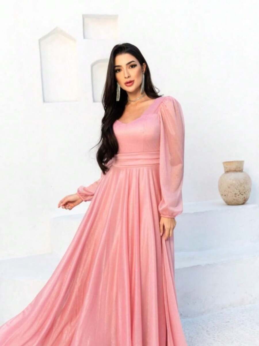 Long Dress Puff Sleeve Graduation Party Wedding Bridesmaid Guest - 乾枯玫瑰色 - 查看 1