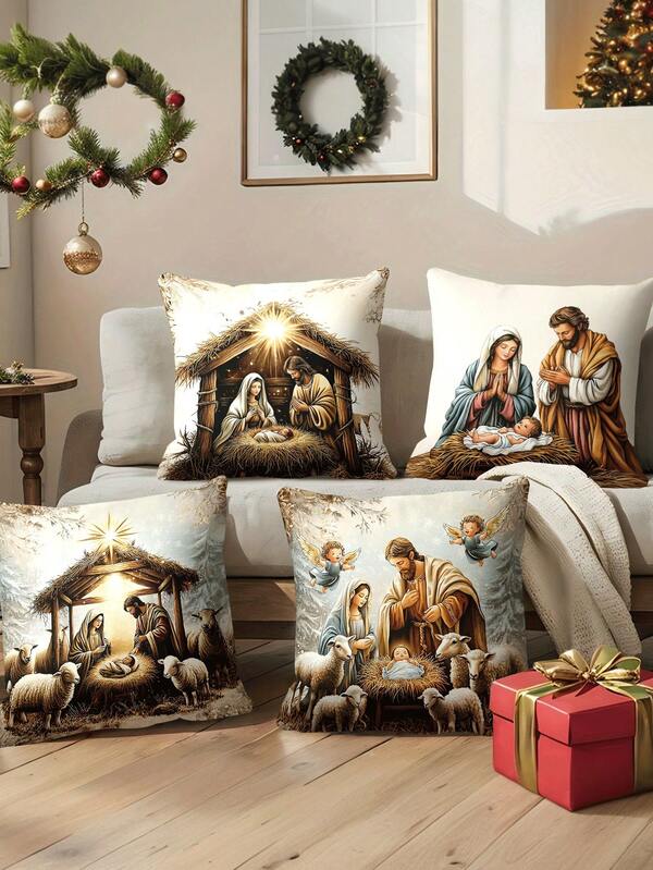 4pcs/1pc Christmas Holiday Pillow Cover - Nativity Scene, Holy Family, Lamb And Angel Design, 18x18 Inches | Zipper Closure | Bright Colors, Washable Polyester Material | For Living Room, Room Decoration, Sofa And Bedroom (Filling Not Included) Great For Christmas Decorations, Christmas Party, Christmas Decorations For Home