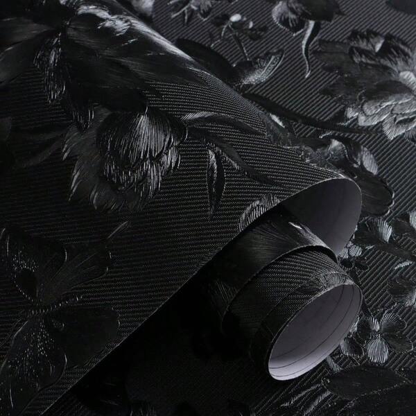 Black Peel And Stick Wallpaper Black Floral Wallpaper 15.7inchx 118.1inch Vintage Embossed Textured Contact Paper Embossed Self Adhesive Wall Paper Cabinets Flower Removable Vinyl