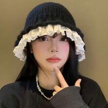 Neue Mode vielseitige minimalistische koreanische Stil Ins Blogger lässige gestrickte Fischerhut für Frauen, süße Spitzenborte schmeichelhafter warmer gestrickter Fischerhut, Herbst/Winter koreanischer Stil gestrickter Hut mit großem Kopfumfang Zubehör für den Winter