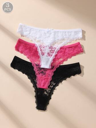 3pcs/Pack Women's Sexy Lace Patchwork Thong Panties With Cute Bow, Stretchy & Soft Skin-Friendly Underwear