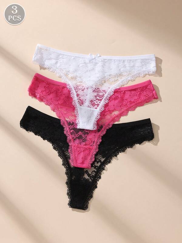 3pcs/Pack Women's Sexy Lace Patchwork Thong Panties With Cute Bow, Stretchy & Soft Skin-Friendly Underwear