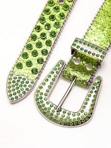 1pc Green Rhinestone Shiny Diamond Decor Y2K Waist Belt, Square Buckle PU Punk Rivet Belt, Unisex Suitable For Nightclub, Hip-Hop, Rock, Party, Christmas