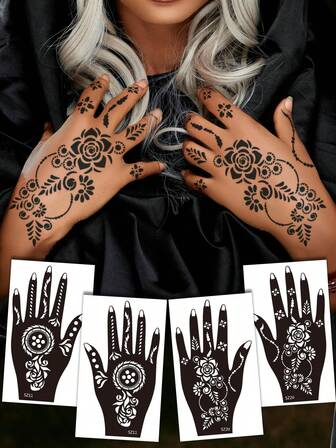 2PCS Haina Hand Drawn Two Hand Tattoo Template Minimalist Vine Flower Star Moon Symbol Pattern Haina Bride Hands Foot Back Beautiful Black Semi Permanent Fake Tattoo Haina Tattoo Template Set