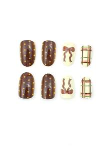 24 juegos de uñas artificiales ovaladas, diseños de lazos de color crema amarillento y café otoño-invierno, lunares, puntos redondos, cuadrícula a cuadros. Uñas artificiales acrílicas para arte de uñas, adecuadas para citas de chicas, uso diario, fiestas, como regalos para novias, etc. Realza tu belleza.