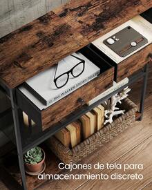 VASAGLE Mesa de Entrada Estrecha, Mesa de Consola de 3 Niveles, con 2 Cajones de Tela, 24 x 76 x 80, Marrón Rústico y Negro Tinta MLNT092K01 - 1 - Ver 2