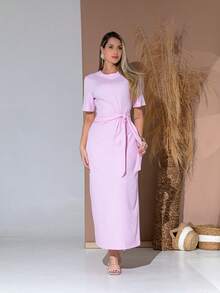 Long Dress With Short Sleeves With Belt Formal And Evening V775 - Baby Pink - View 3