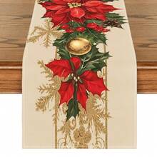 1 Pc Modern Christmas Theme Table Runner Christmas Poinsettia Pattern Table Runner Washable Suitable For Outdoor Indoor Party Kitchen Home Dining Table Center Can Be Used For Living Room Rectangular Dining Table Restaurant Christmas Decoration - Champagne - View 5