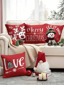 4件/1件 紅色聖誕抱枕套－馴鹿、雪人與「Merry Christmas」/「Love」設計，18x18英吋 | 拉鍊式封口 | 明亮色彩，聚酯纖維材質 | 適用於客廳、房間裝飾、沙發與臥室（不含枕芯）完美適合聖誕裝飾、聖誕派對、居家聖誕佈置 - 彩色 - 查看 2