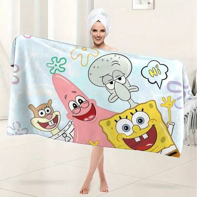 SpongeBob SquarePants 1PC Cartoon Square Pants Home Essential Bath Towel, Towel Microfiber Bath Towel Soft Unisex Camping Pool Towel, Bathroom Essential Bath Towel, Swimming, Fitness, Suitable For Bath Towel