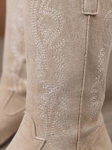 Fall/Winter New Women's Embroidered Leather White Western Boots, Pointed Toe Chunky Heel Mid-Calf Boots, Outdoor Casual Fashion Boots,Cowboy Boots - Beige - View 5