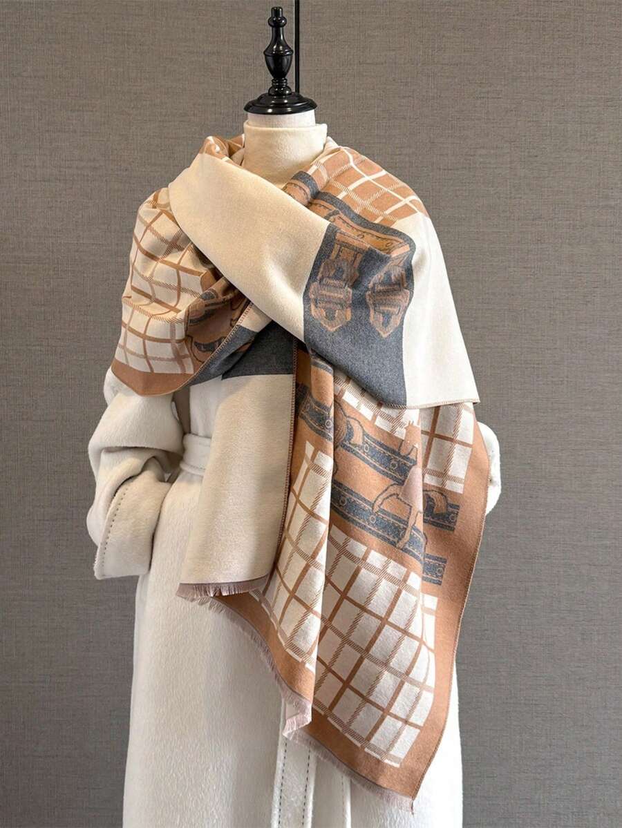 1pc 2025 Autumn/Winter New Plaid Horse Jacquard Scarf For Women, Office Shawl, High-End Versatile Warm Neck Wrap - Multicolor - View 1