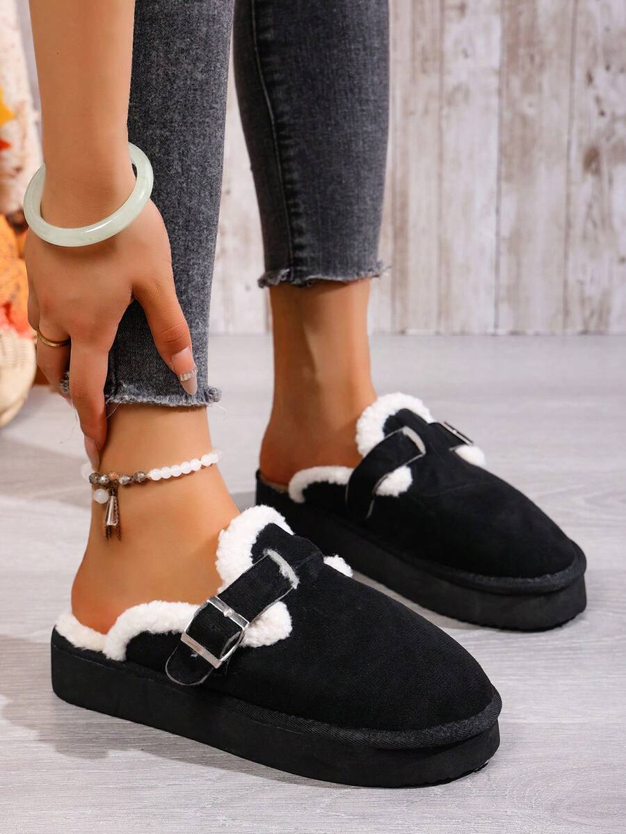 Pantoufles fourrées grande taille pour femmes, semelle épaisse, chaussons fourrés à enfiler fermés pour l'automne/l'hiver - Noir - Voir 1