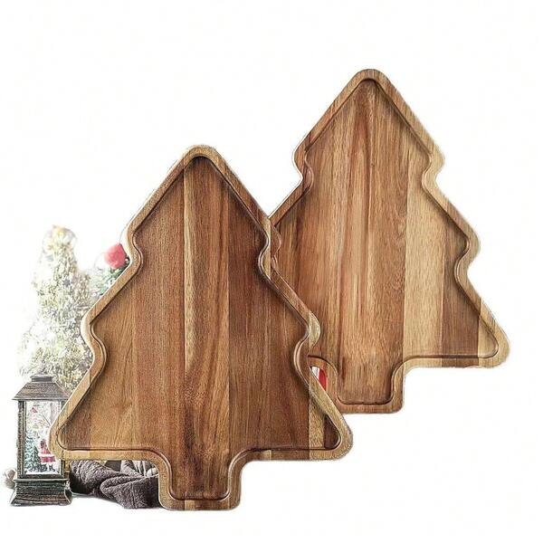 1 PIEZA Bandeja navideña, bandeja con forma de árbol de Navidad, hecha de madera de acacia, tabla de cocina multiusos para fiestas. Adecuada para Navidad, Pascua, Acción de Gracias, Halloween - Decoración rústica de granja, reutilizable, tabla para queso y frutas, centro de mesa para fiesta de Navidad, bordes lisos, tabla de servir decorativa
