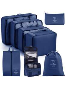 9pcs/7pcs/1pc Beige Letter Pattern Travel Packing Cubes, Travel Organizer Set, Luggage Organizer Bags, Travel Luggage Packing Organizers With Laundry Bag, Compression Shoe Bag, Clothes Underwear Bag, Unisex, Make Travel Easier, Suitable For Travel Storage Bags, Cosmetic Bags, Dorm Room Decor, Bedroom Storage Bags