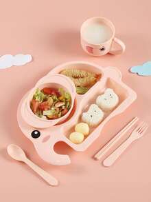 6pcs Cartoon Elephant Shaped Plate Set With Bowl, Spoon, Fork, Chopsticks, Cup, Student Divided Dinner Plate - Multicolor - View 8