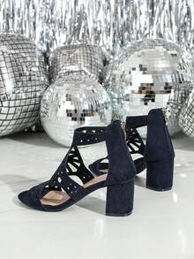 尖头时尚性感夜店风格镂空扣派对拉链后跟优雅百搭女士高跟凉鞋 - 藍色 - 查看 6