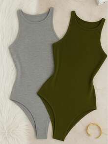 Kit 2 Bori Women's Bodysuits Basic Tank Top Casual Style Lined Second Skin Leotard Chic Timeless - 軍灰/綠 - 查看 2