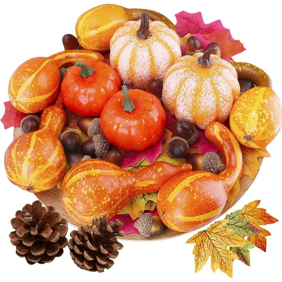 70 Decoraciones de Otoño, Calabazas de Halloween, Calabazas Decorativas de Otoño, Incluyendo Calabazas, Piñas, Bellotas y Hojas de Arce, Perfectas para Decoraciones de Halloween, Otoño y Acción de Gracias - 1 - Ver 1