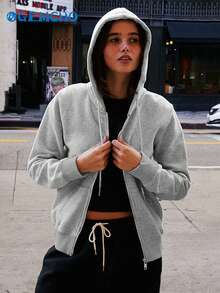 GEMCHO Women's Casual Loose Open Front Drop Shoulder Drawstring Hooded Sweatshirt Jacket With Pockets, Suitable For Daily Commute/Casual Outing/Home/Workout, Warm And Comfortable - Autumn/Winter