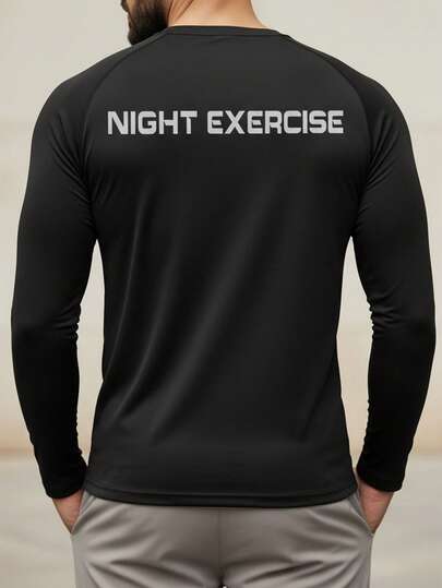 Men's Crew Neck Long Sleeve Solid Color Casual Sports T-Shirt, Autumn/Winter Black