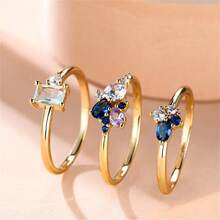 3pcs Vintage Palace Style Navy Blue & Gold Color Ring Set, Wedding Jewelry, Bridesmaid Gift - Yellow Gold - View 8