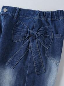 1 pezzo Jeans in denim lavaggio scuro con fiocco, stile casual retrò semplice e confortevole, nuovo per autunno/inverno, per ragazze