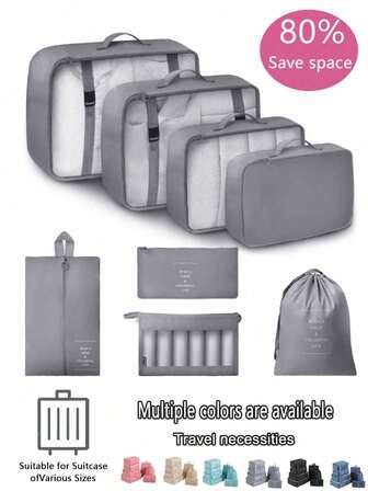 Set de 8 piezas de organizadores de equipaje de viaje - Cubos de embalaje, bolsa de artículos de tocador, bolsas de compresión, bolsas para prendas, bolsa de cosméticos, bolsa para zapatos, bolsa de lavandería, artículos esenciales de viaje para maquillaje, cuidado de la piel, papelería, electrónicos, regalo para vacaciones