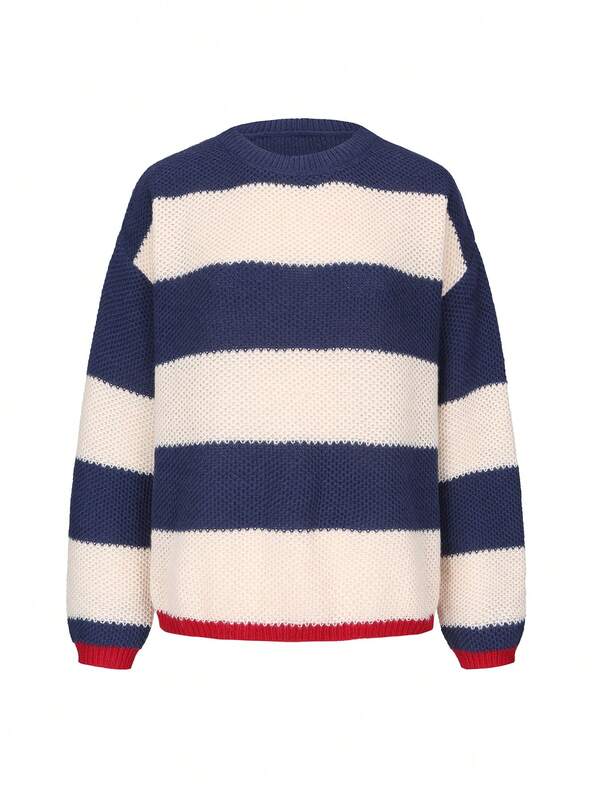 Jersey de mujer Joy para otoño/invierno - Parte superior a juego con todo - Elegante casual y versátil - Suéter de cuello redondo de punto con bloques de color y rayas - Atuendos de oficina para mujer - Tops para salir - Fiesta - Año Nuevo - Navidad