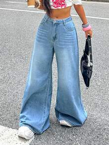 女士休闲水洗宽松阔腿牛仔裤 - 淺色水洗藍 - 查看 7